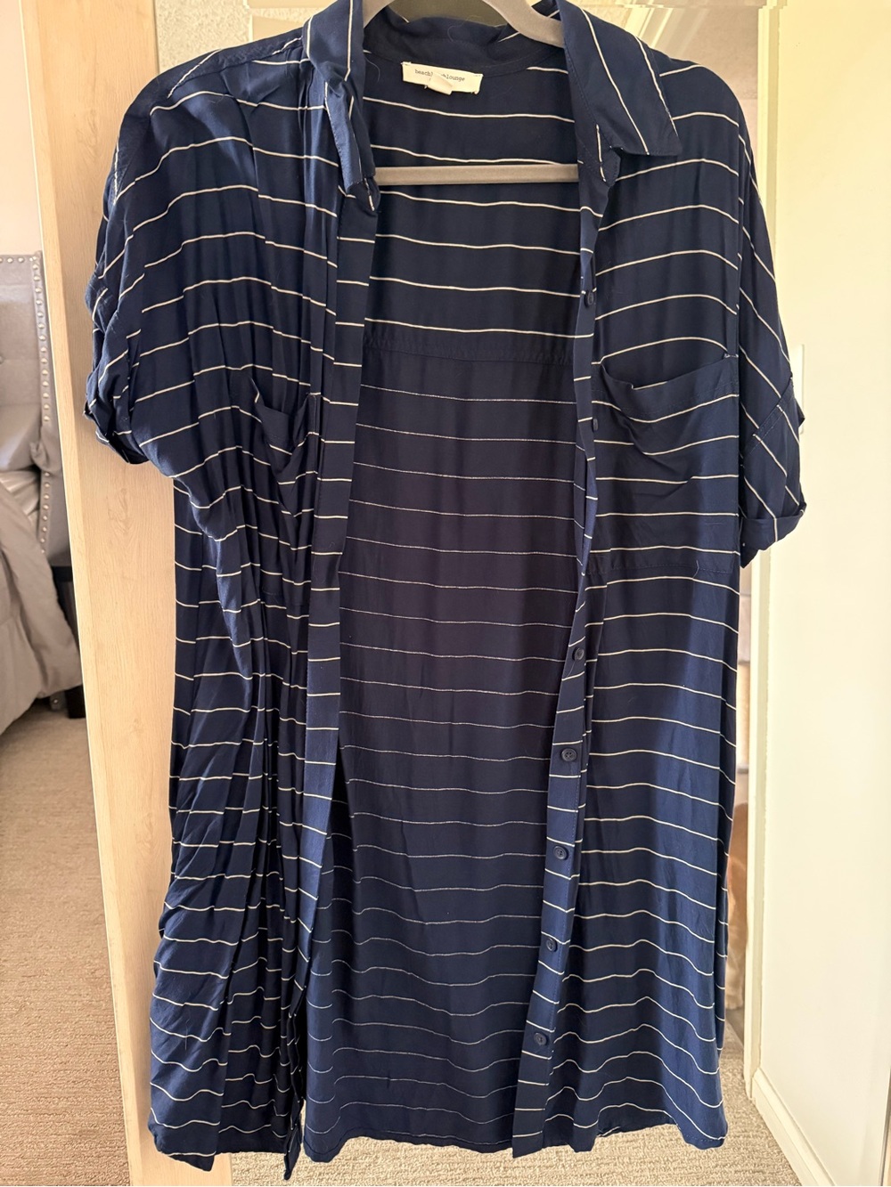 Navy Striped Button-Front Shirt Dress